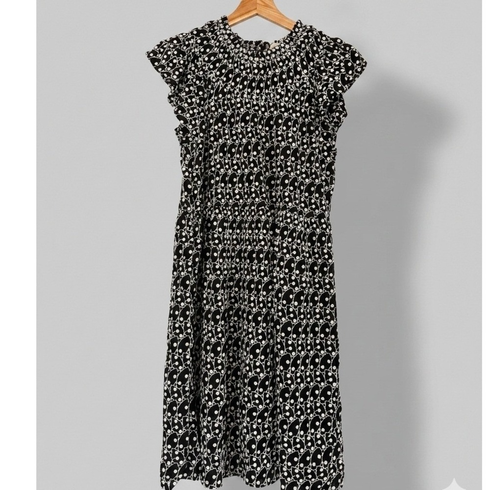 Black White Embroidered Eyelet Smocked Flutter Sleeve Dress MP Soft Girl